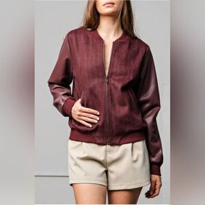 Easel Burgandy Faux Leather Sleeves Wool Zipper Front Loose Fit Bomber Jacket